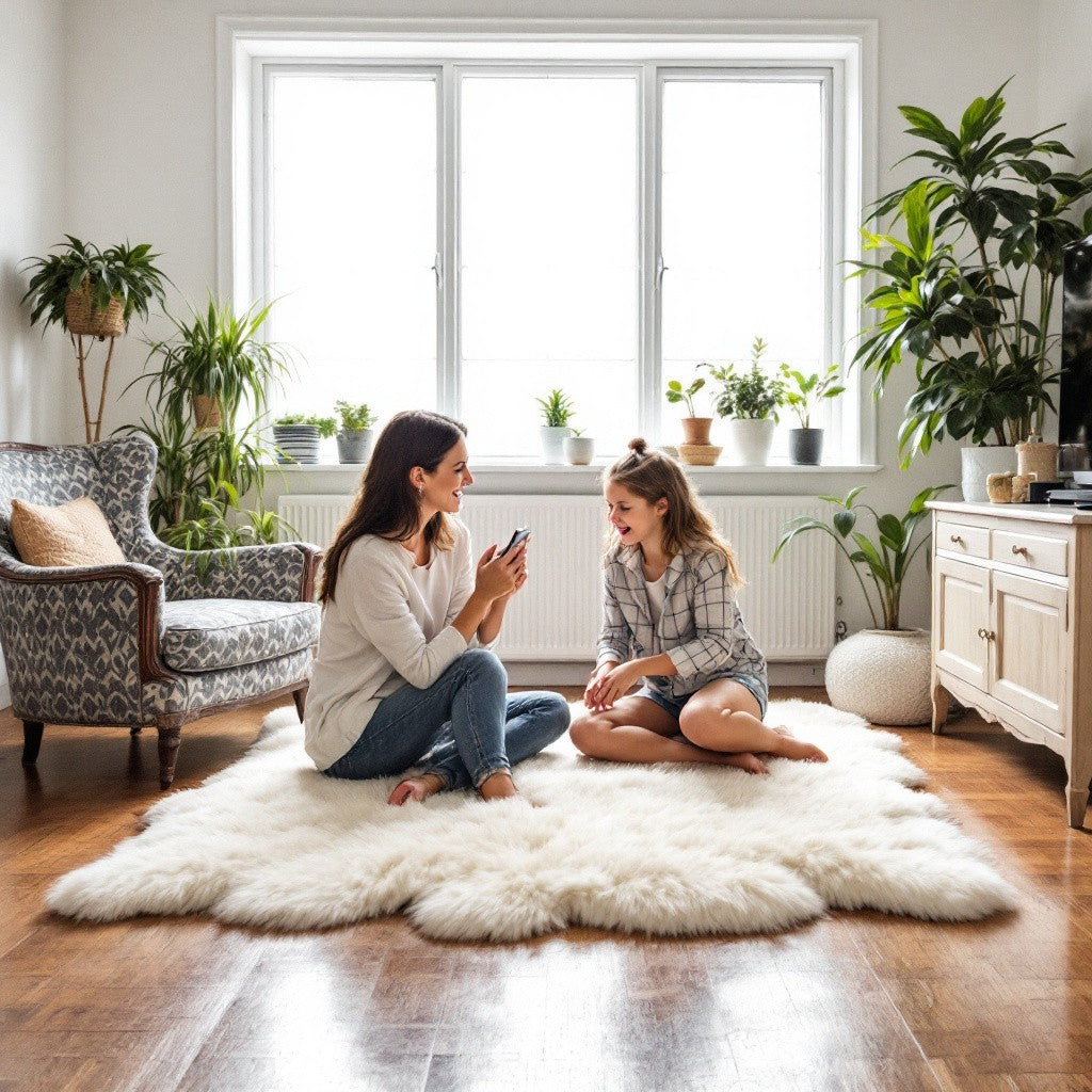 180 x 110cm | XXL genuine sheepskin | Lambskin fur rug | White, Brown, Flamed | Stitched 4 times