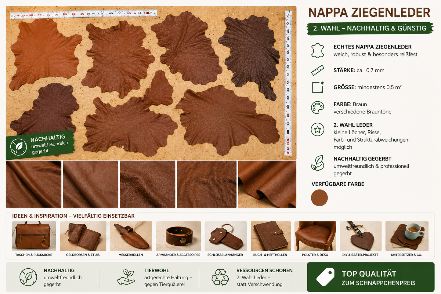 Nappa Ziegenleder 2. Wahl – Nachhaltig gegerbt | ca. 0,7 mm | ab 0,5 m²