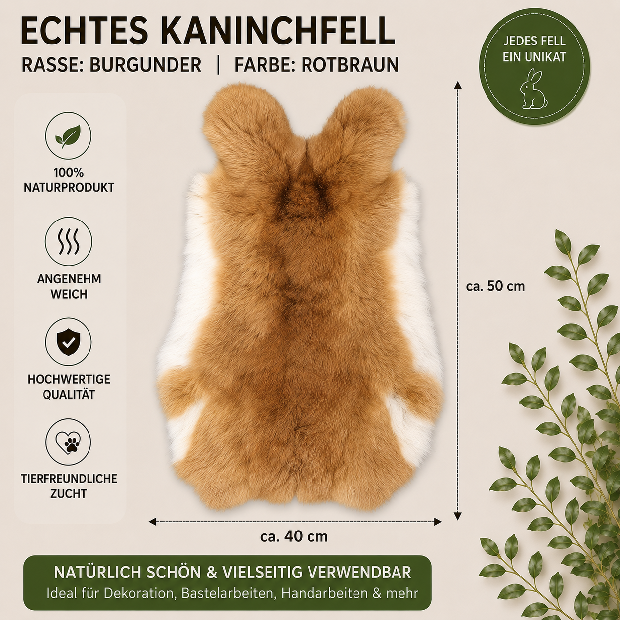 Große Kaninchen Echte Rasse Kaninchenfelle | Alaska • Holländer • Burgunder | ca. 50x40 cm