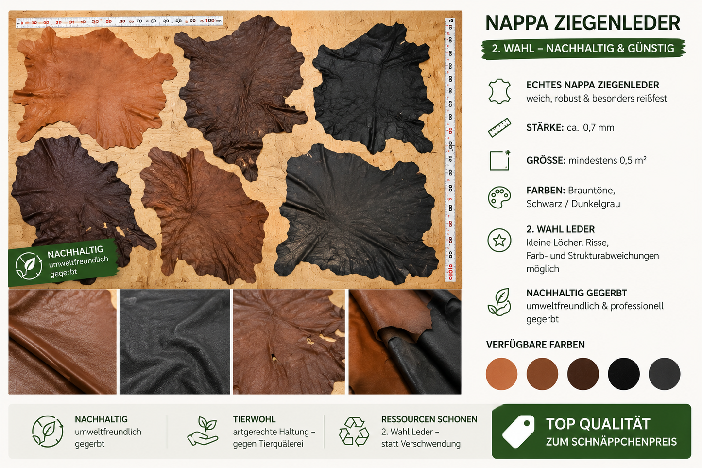 Nappa Ziegenleder 2. Wahl – Nachhaltig gegerbt | ca. 0,7 mm | ab 0,5 m²