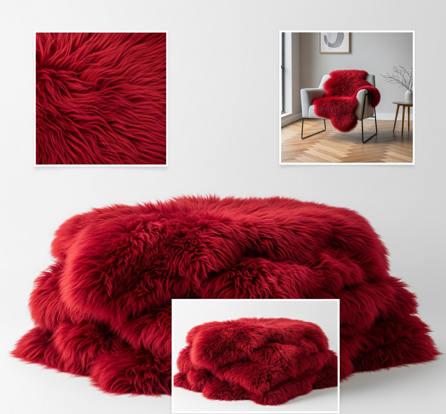 Colorful sheepskin | Red | Genuine lambskin | Rug decoration | 120cm | Seat cushion