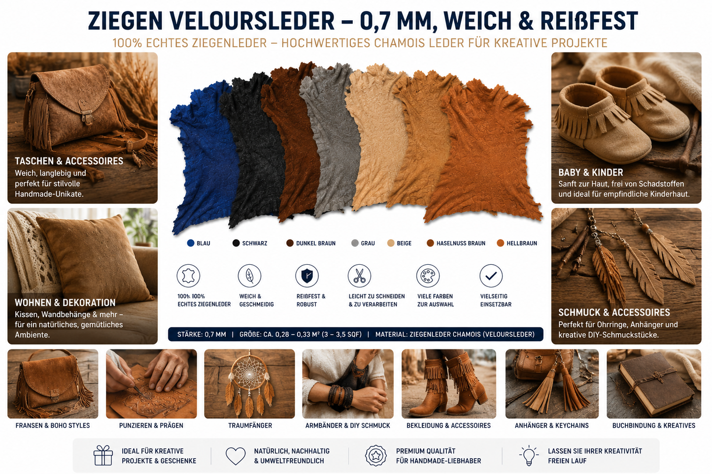 Ziegen Veloursleder / Wildleder – Extra weich & reißfest | 0,7 mm | Viele Farben