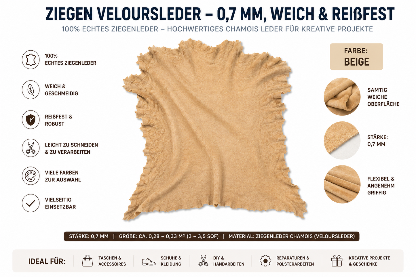 Ziegen Veloursleder / Wildleder – Extra weich & reißfest | 0,7 mm | Viele Farben