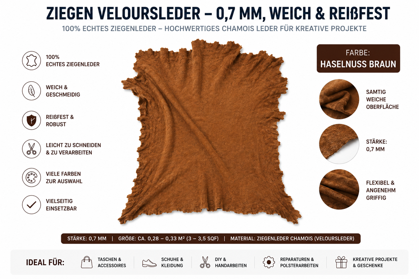 Ziegen Veloursleder / Wildleder – Extra weich & reißfest | 0,7 mm | Viele Farben