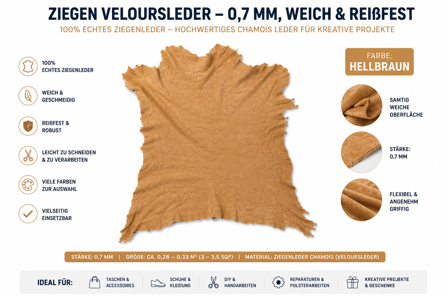 Ziegen Veloursleder / Wildleder – Extra weich & reißfest | 0,7 mm | Viele Farben