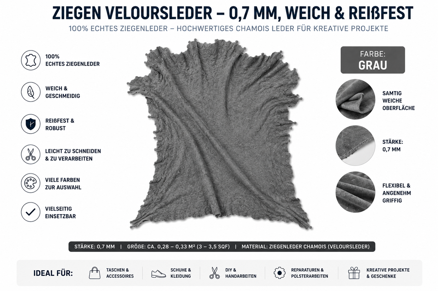 Ziegen Veloursleder / Wildleder – Extra weich & reißfest | 0,7 mm | Viele Farben