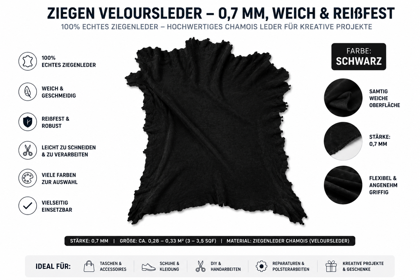 Ziegen Veloursleder / Wildleder – Extra weich & reißfest | 0,7 mm | Viele Farben