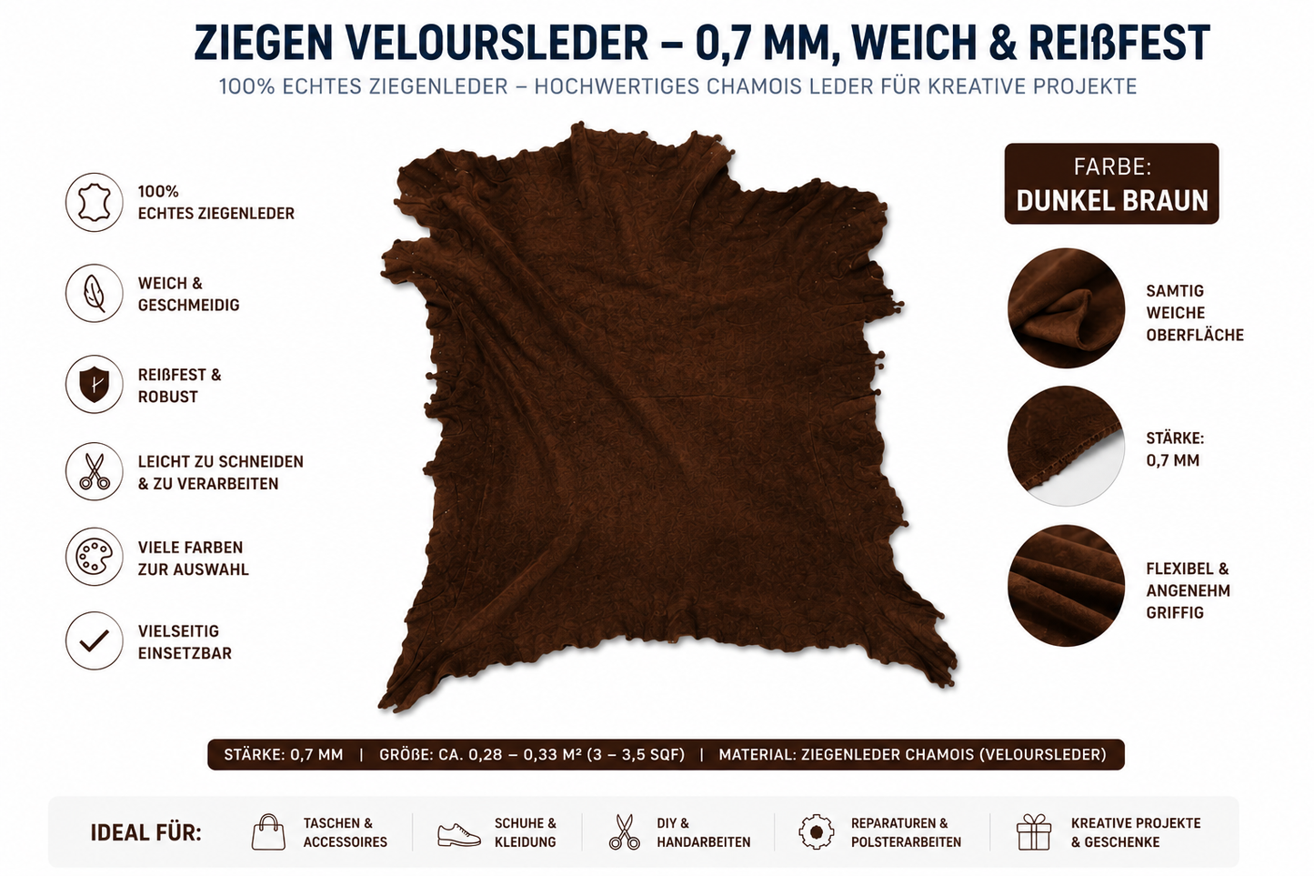 Ziegen Veloursleder / Wildleder – Extra weich & reißfest | 0,7 mm | Viele Farben