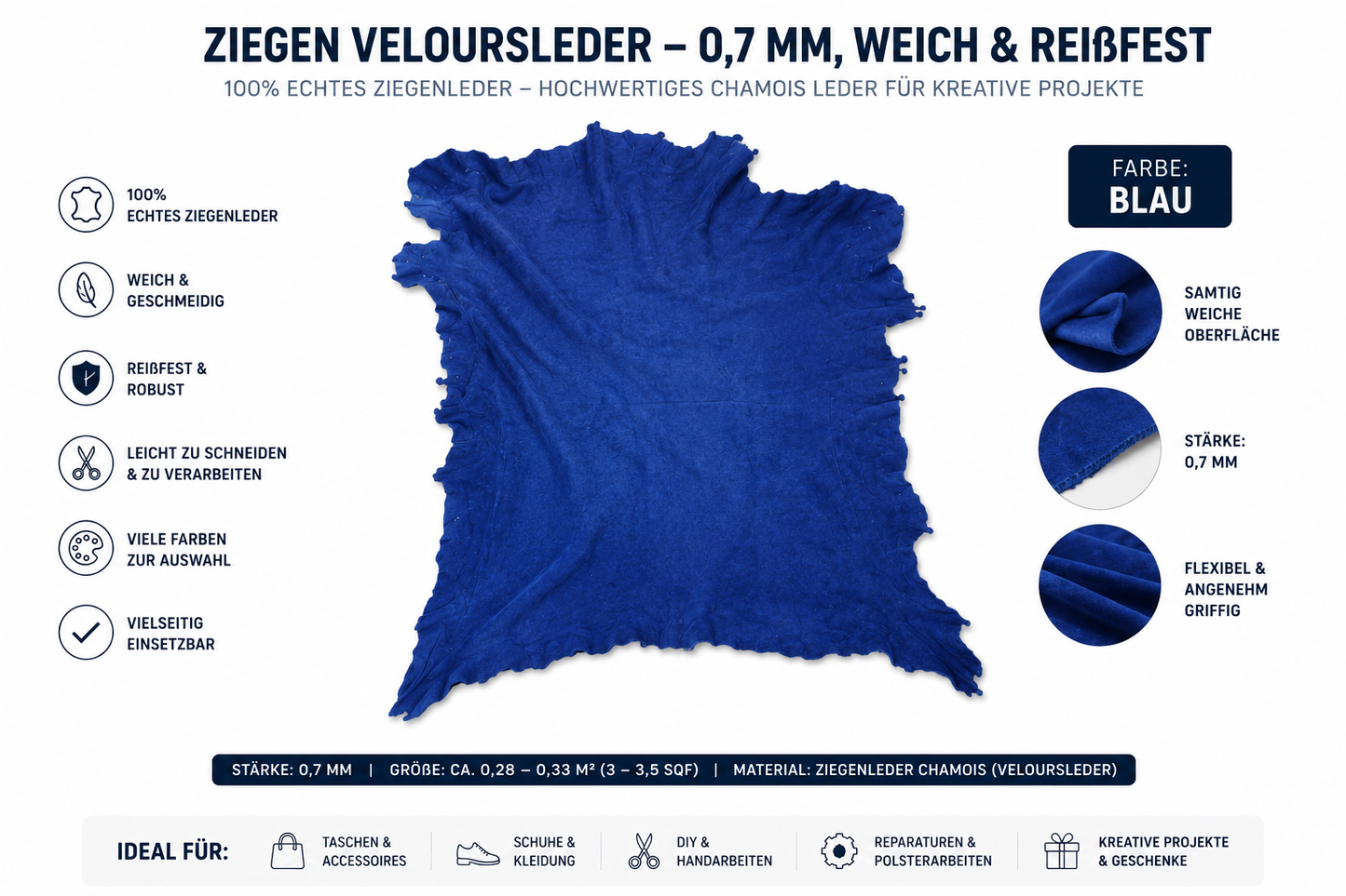 Ziegen Veloursleder / Wildleder – Extra weich & reißfest | 0,7 mm | Viele Farben