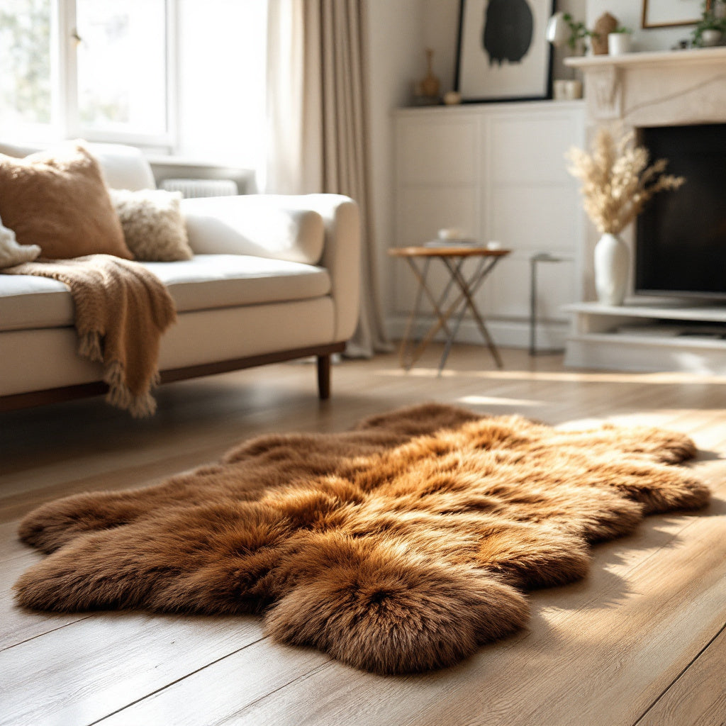 180 x 160cm | XXL Schaffell Echt | Lammfell-Fell-Teppich | Weiß, Braun, Geflammt | 6x vernäht