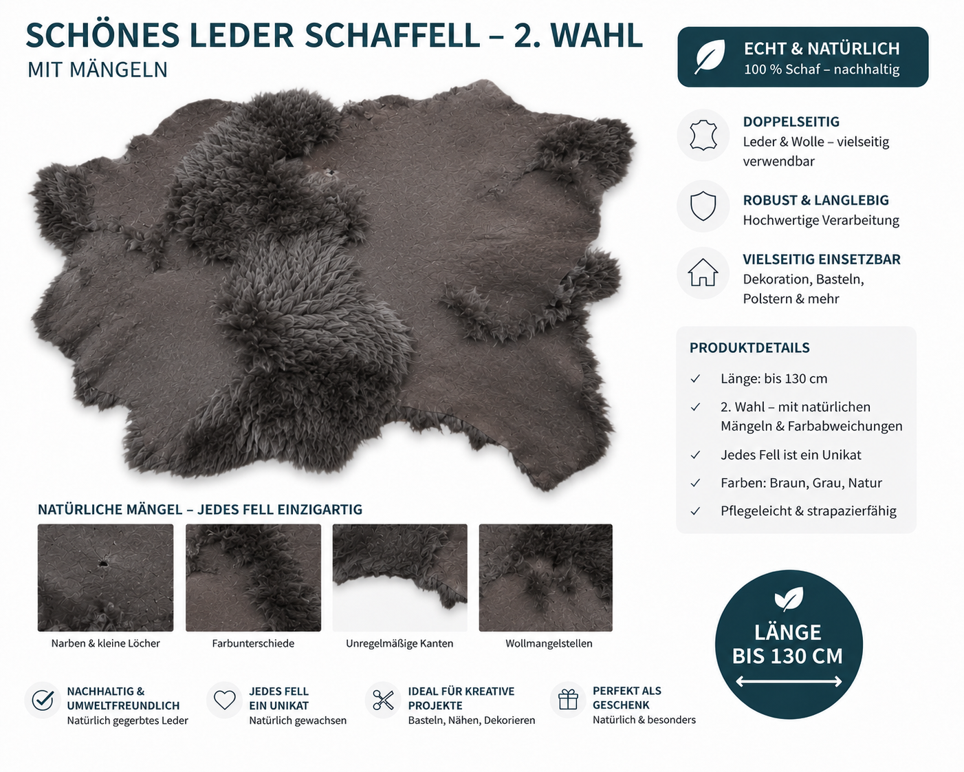 Echtes Schaffell Double Face nachhaltig gegerbt – Lammfell 2. Wahl zum Nähen, Basteln & DIY – Braun, Dunkelbraun, Hellbraun, Grau