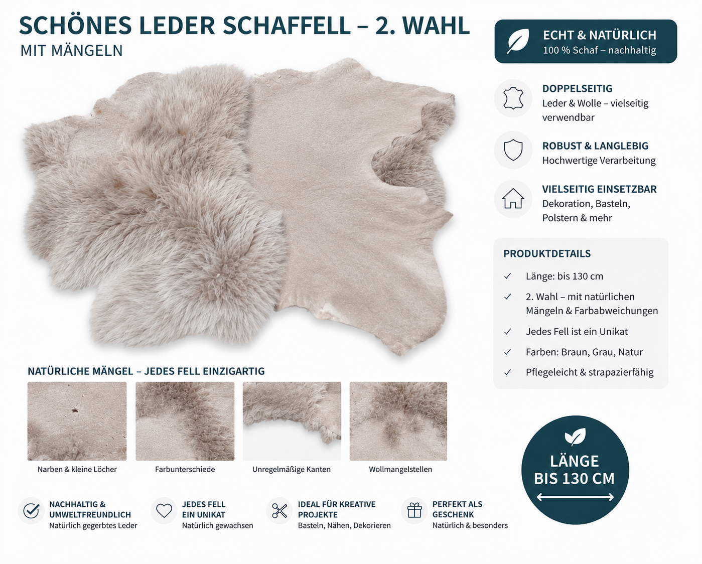 Echtes Schaffell Double Face nachhaltig gegerbt – Lammfell 2. Wahl zum Nähen, Basteln & DIY – Braun, Dunkelbraun, Hellbraun, Grau