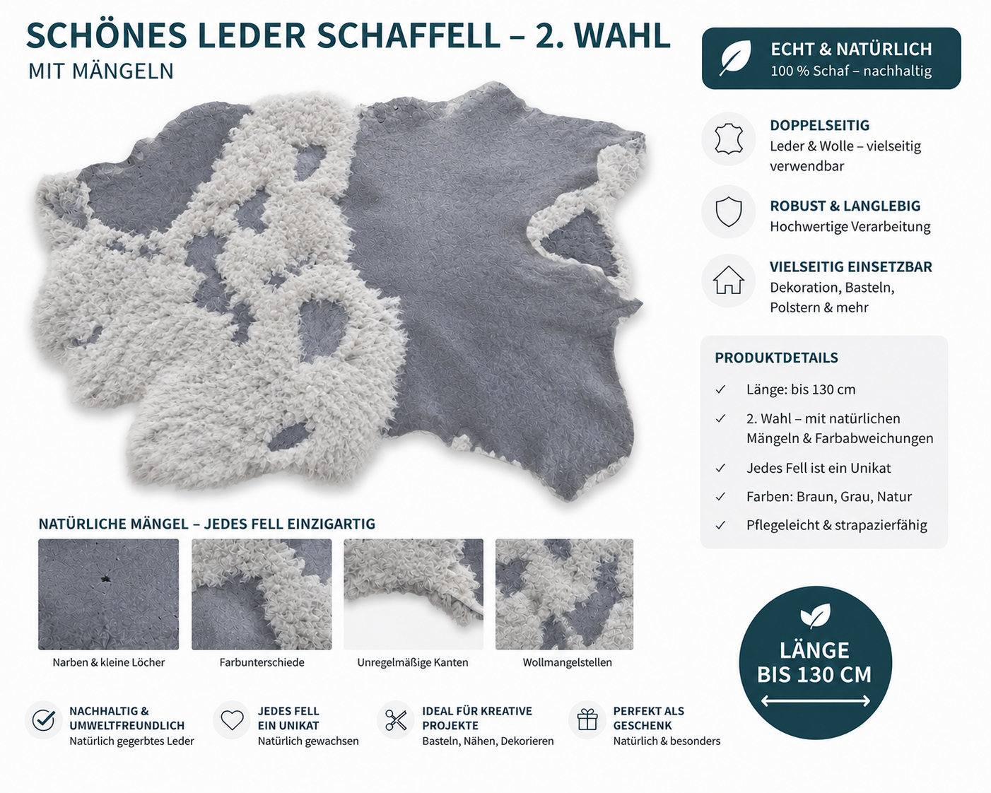 Echtes Schaffell Double Face nachhaltig gegerbt – Lammfell 2. Wahl zum Nähen, Basteln & DIY – Braun, Dunkelbraun, Hellbraun, Grau