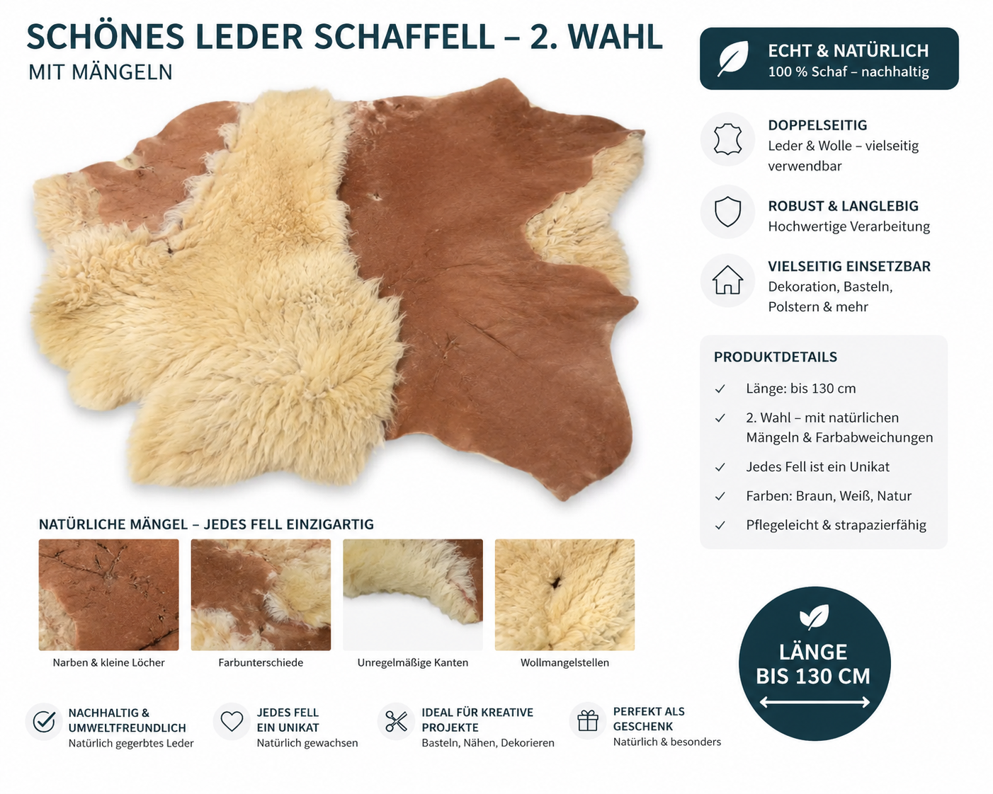 Echtes Schaffell Double Face nachhaltig gegerbt – Lammfell 2. Wahl zum Nähen, Basteln & DIY – Braun, Dunkelbraun, Hellbraun, Grau