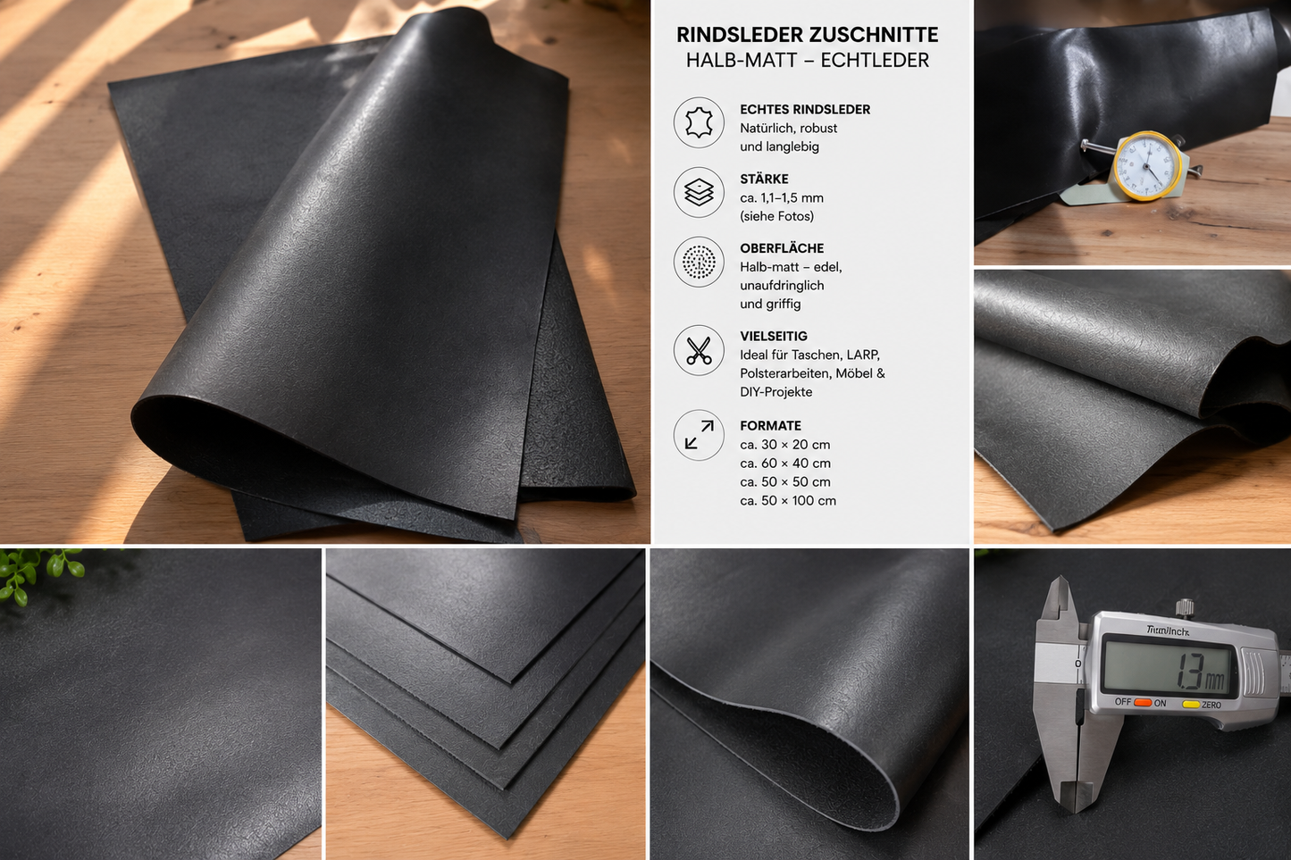Rindsleder Zuschnitte – 1,1–1,5 mm – Echtleder in verschiedenen Größen – robust & vielseitig