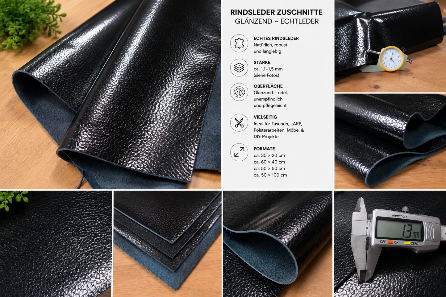 Rindsleder Zuschnitte – 1,1–1,5 mm – Echtleder in verschiedenen Größen – robust & vielseitig