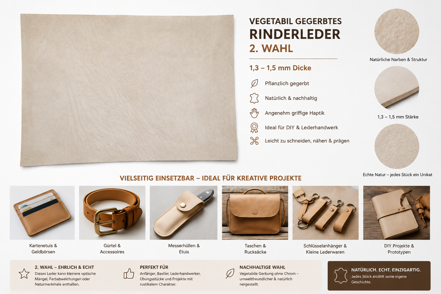 Vegetabil Gegerbtes Rinderleder 2. Wahl 1,3–1,5 mm – Natürliches Echtleder für Lederarbeiten & Bastelprojekte
