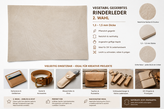 Vegetabil Gegerbtes Rinderleder 2. Wahl 1,3–1,5 mm – Natürliches Echtleder für Lederarbeiten & Bastelprojekte