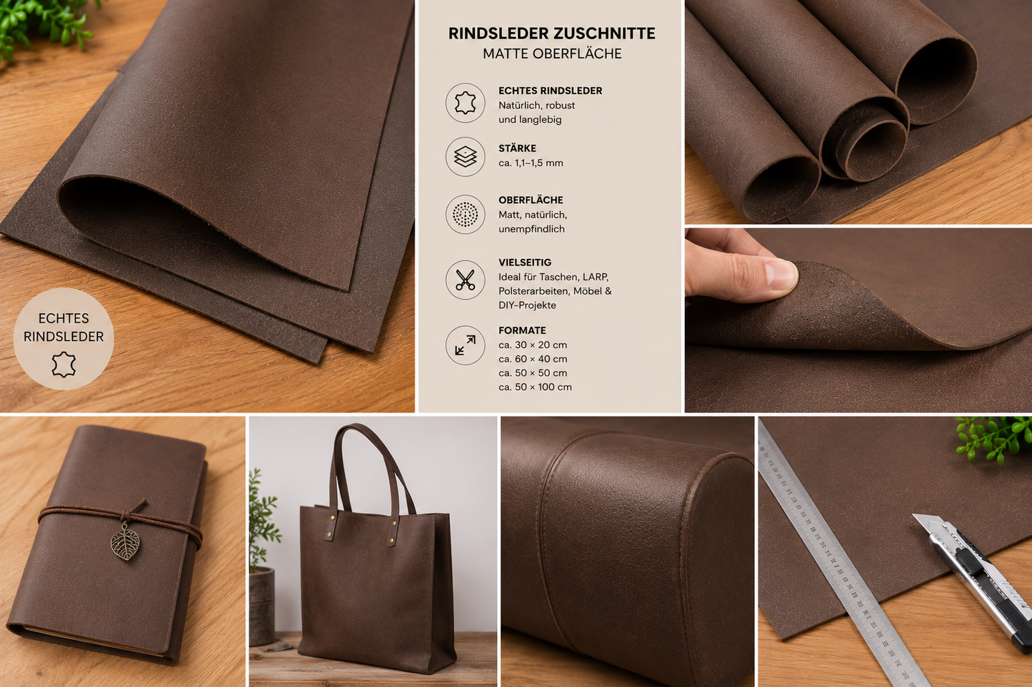 Rindsleder Zuschnitte Braun Halb-Matt – Echtleder 1,1–1,5 mm – Premium Leder für Taschen, Möbel & DIY