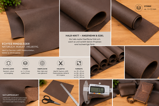 Rindsleder Zuschnitte Braun Halb-Matt – Echtleder 1,1–1,5 mm – Premium Leder für Taschen, Möbel & DIY