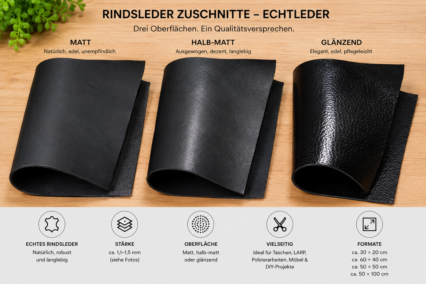 Rindsleder Zuschnitte – 1,1–1,5 mm – Echtleder in verschiedenen Größen – robust & vielseitig
