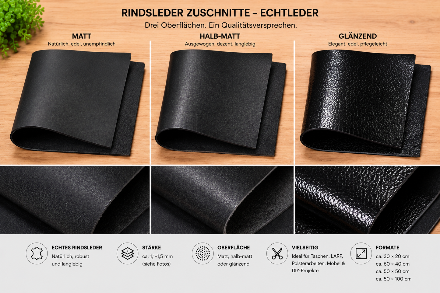 Rindsleder Zuschnitte – 1,1–1,5 mm – Echtleder in verschiedenen Größen – robust & vielseitig