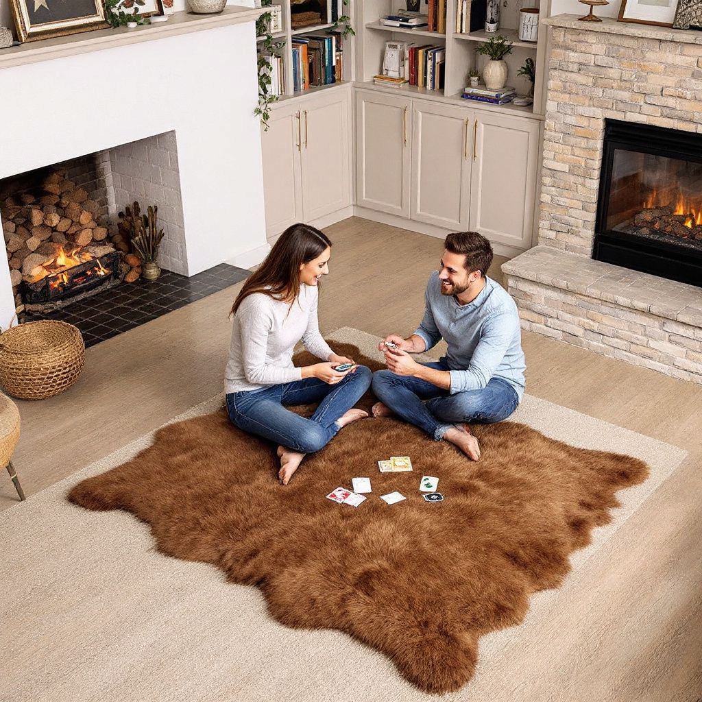 180 x 110cm | XXL genuine sheepskin | Lambskin fur rug | White, Brown, Flamed | Stitched 4 times