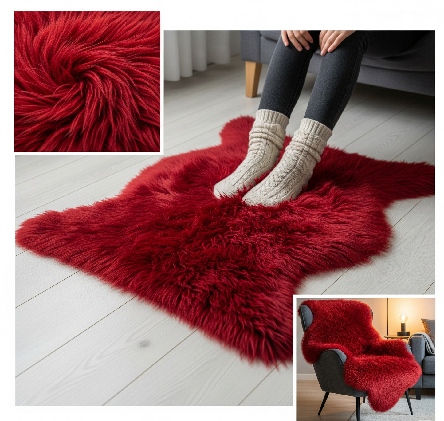 Colorful sheepskin | Red | Genuine lambskin | Rug decoration | 120cm | Seat cushion